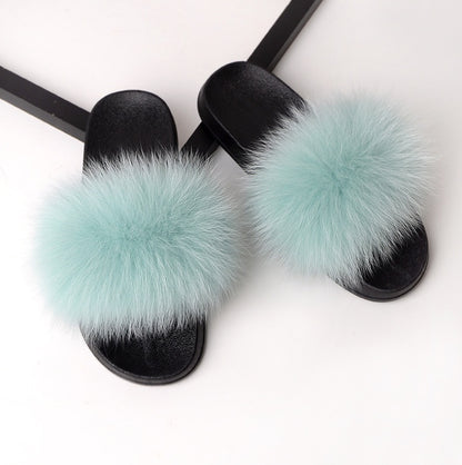Real hair fox fur slippers female summer word drag fur plush shoes outside wearing sandals slip flat bottom