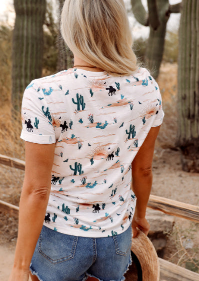 Beige Western Cactus Print Crew Neck Short Sleeve Top