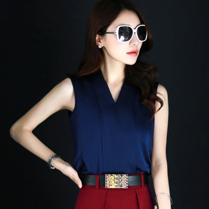 Silk satin slim fit V-neck sleeveless off-shoulder tank top