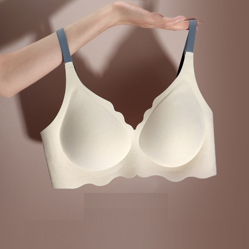 Contrast Color Shoulder Strap Gathered Invisible Thin Bra Women