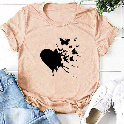 Butterfly Love Printed Casual All-match Loose Ladies Short Sleeve T-Shirt