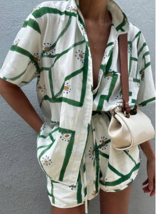 Fashion Women's Printed Loose Shirt Shorts Suit