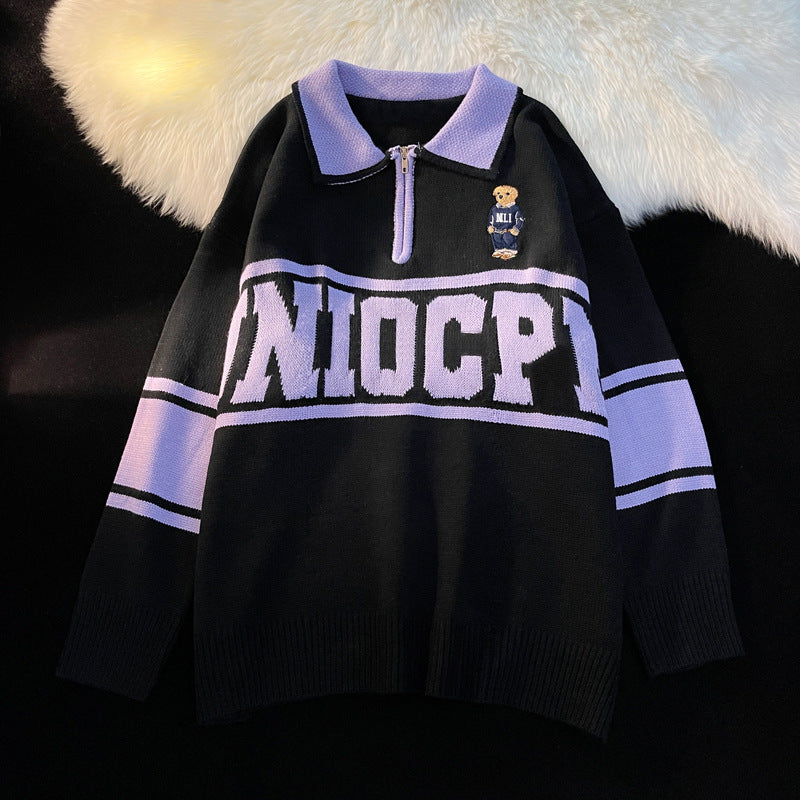 Loose Student Half Zip Lapel Top