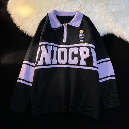 Loose Student Half Zip Lapel Top