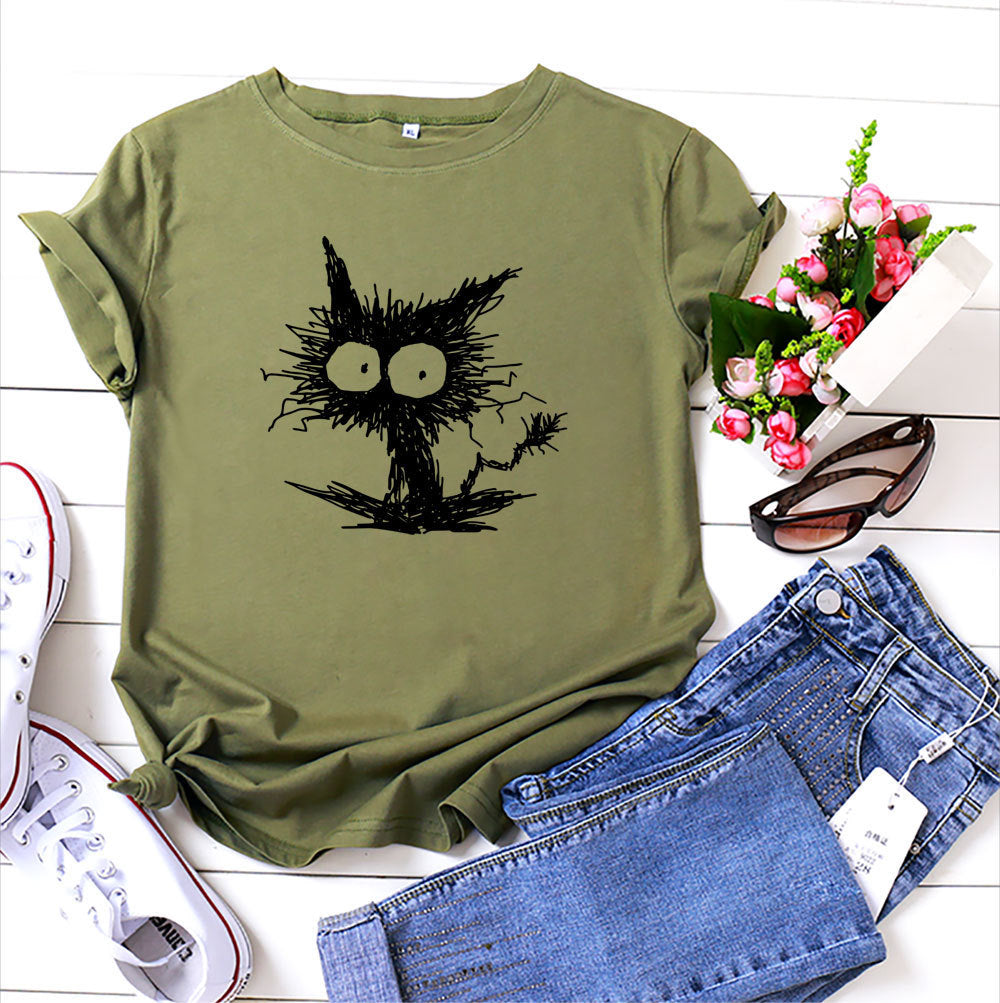 Spot Amazon Ebay European And American Fashion Cross-border Hot Sale Cat Printing Casual Cotton Short Sleeve T-shirt Women's Clothing