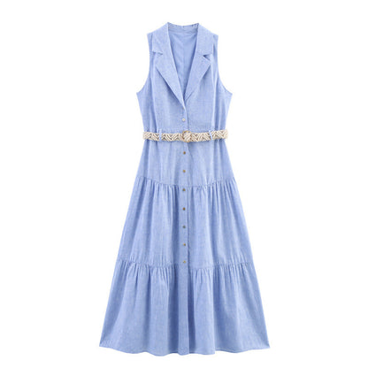 Summer With Belt Linen Blend Midi Skirt Sleeveless Dress