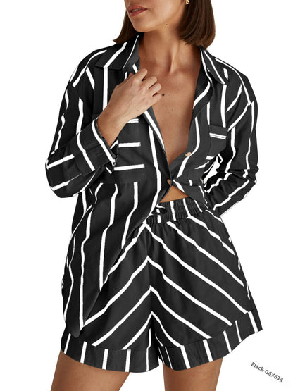 Summer Loose Striped Cardigan Shorts Suit