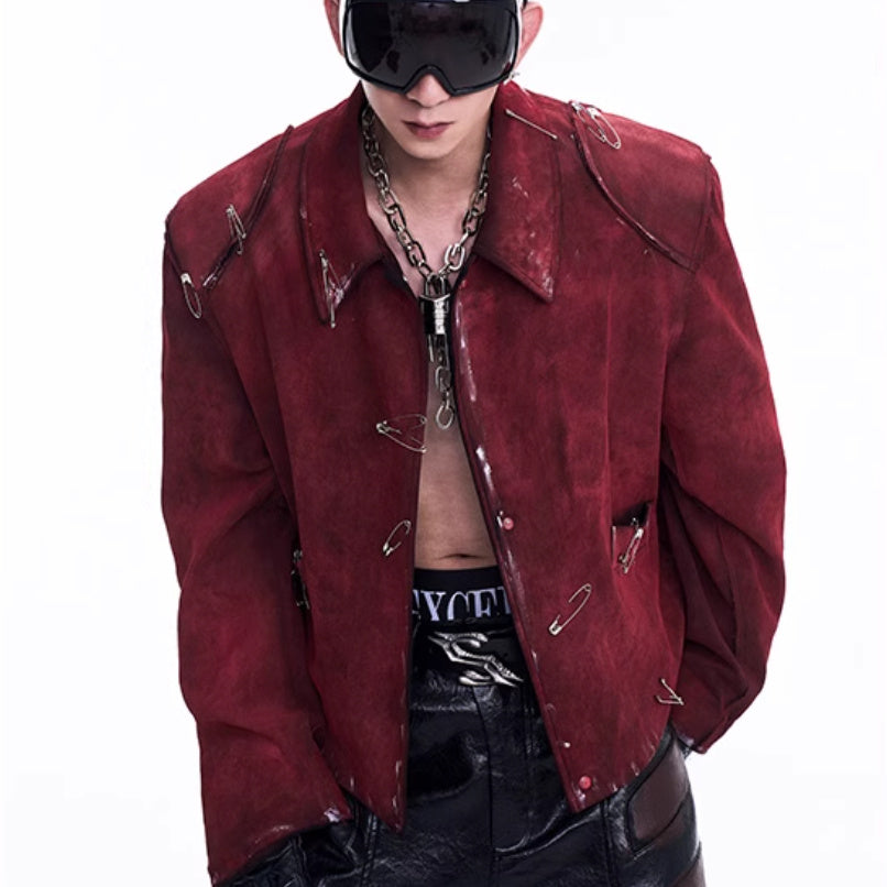 Men's Thick Quilted Flocking Decorative Pin Jacket Coat