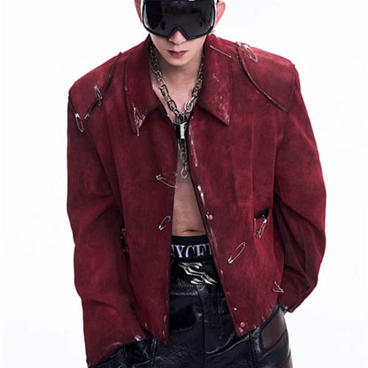 Men's Thick Quilted Flocking Decorative Pin Jacket Coat