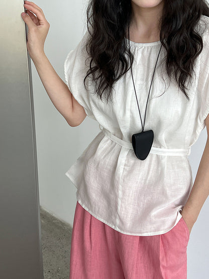 Tencel Linen Round Neck Waist Trimming Shirt For Women