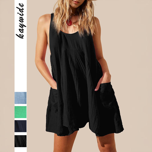 Casual Loose Vacation Style Solid Color Pocket Dress Short Skirt Women's Clothing