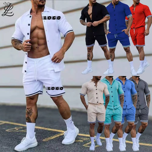 Men's Exercise New Solid Color Lapel Button Short-sleeved Shirt And Shorts Suit