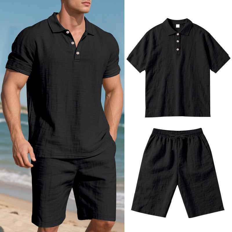 Summer Men's Loose Casual Linen Breathable Short Beach Sleeve Shorts Suit
