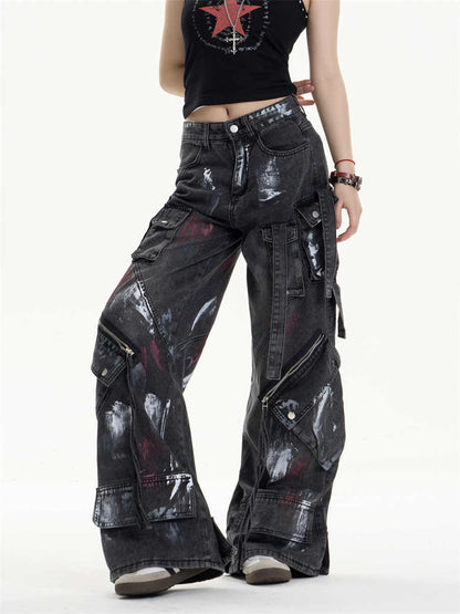 Multi-Pocket Workwear Jeans Women's Loose Wide-leg Pants