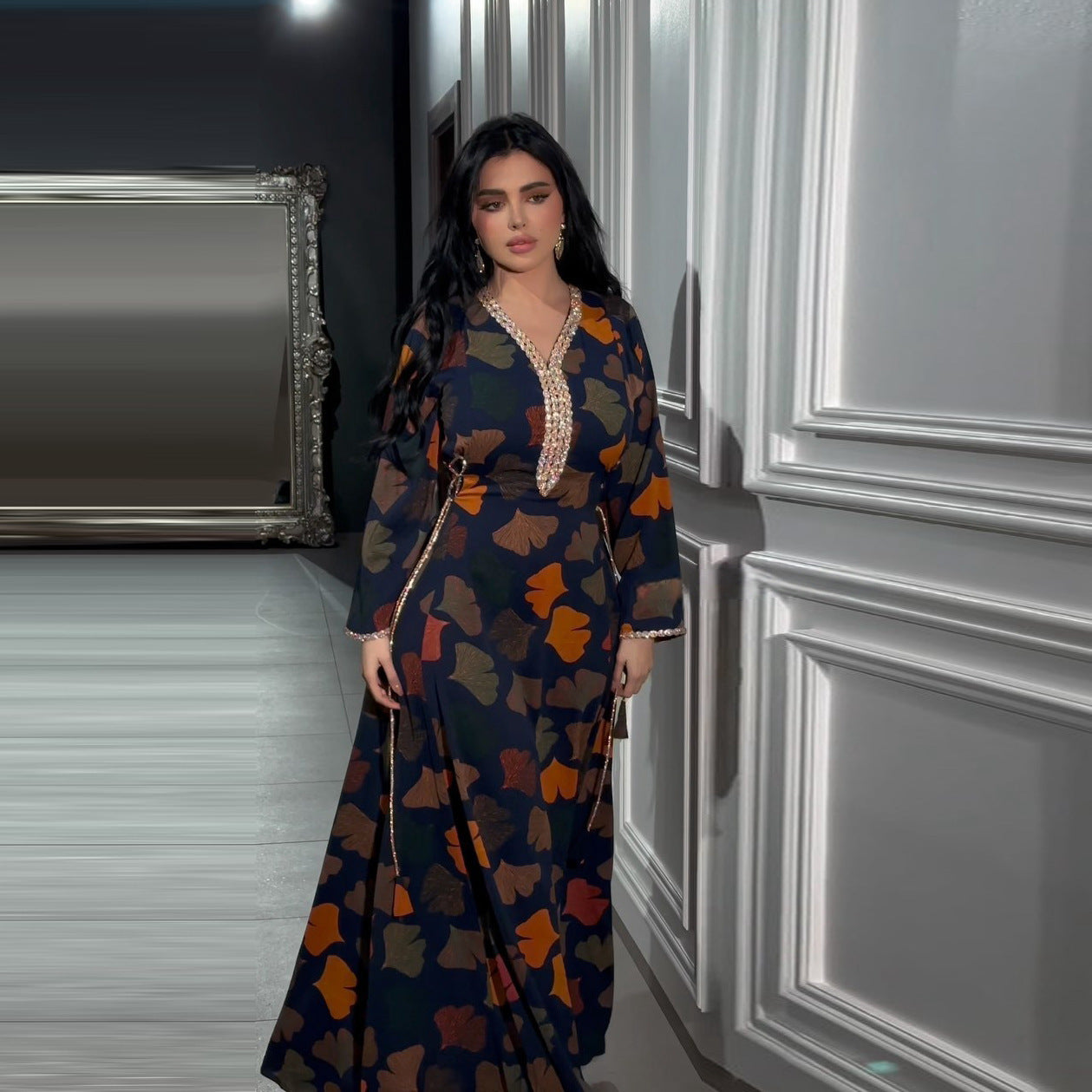 Fashion Printed Dress Ethnic Style Robe With Diamonds Containing Waist Strap