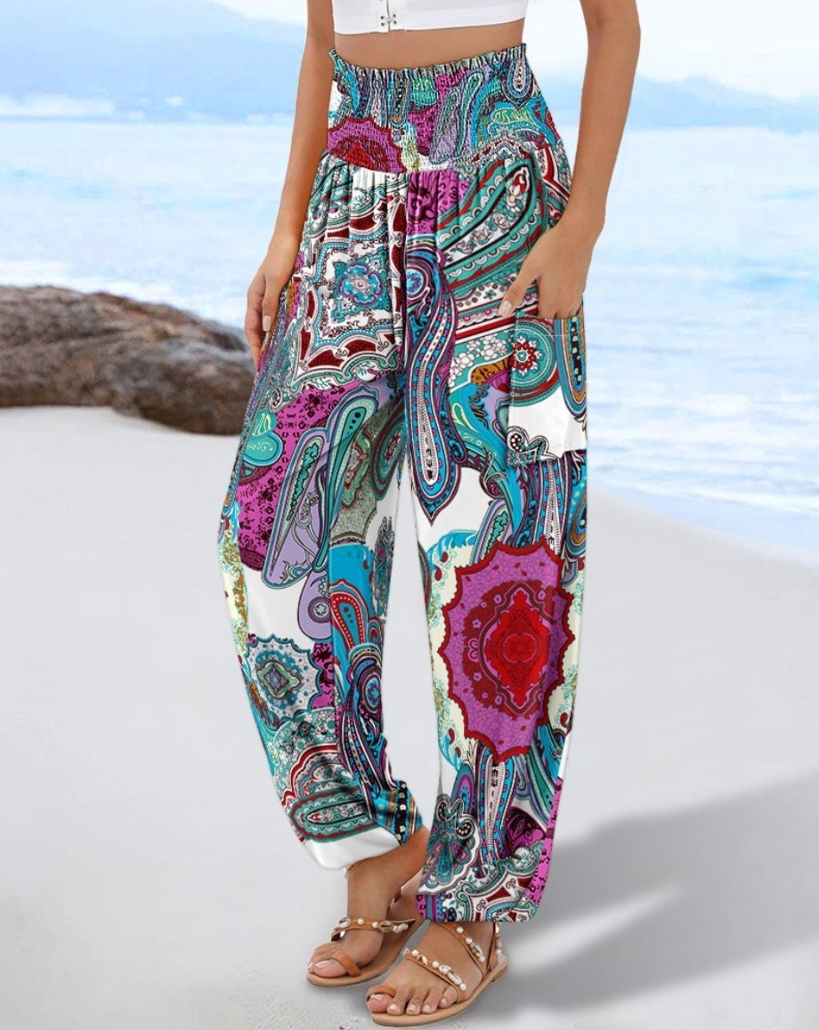 Sling Smocking Waist Positioning Printed Wide Leg Jumpsuit