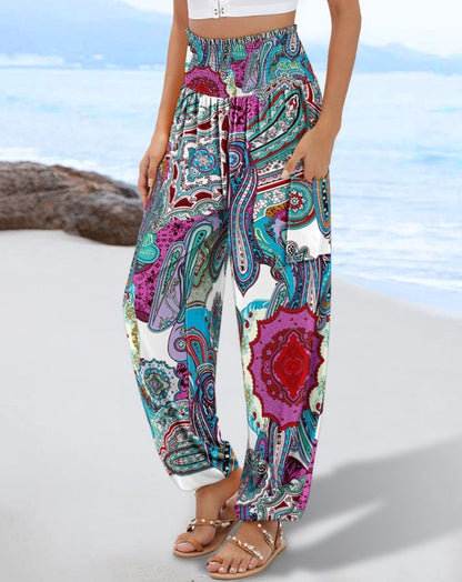 Sling Smocking Waist Positioning Printed Wide Leg Jumpsuit