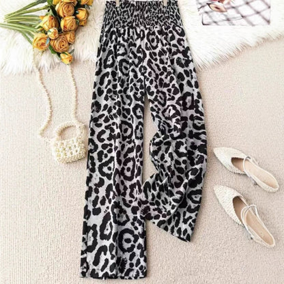 Leopard Print Floral Print Casual Jumpsuit Elastic Waist Loose Wide Leg Pants