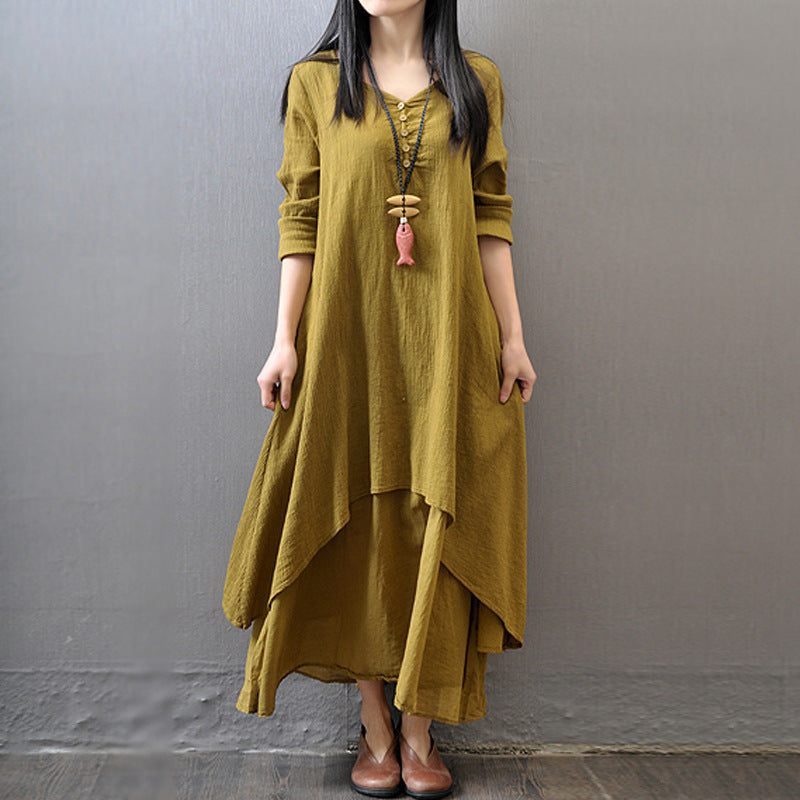 Loose Long Sleeve Cotton And Linen Skirt