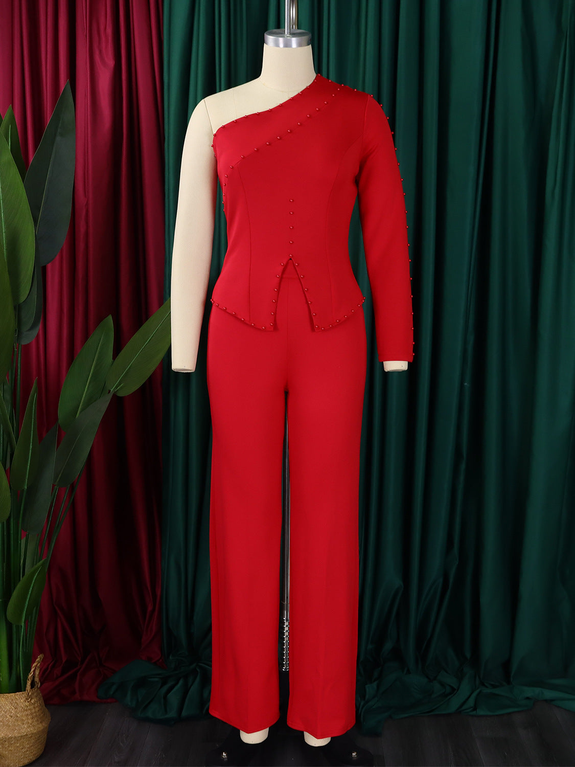 Women's Fashion Temperament Diagonal Shoulder Beaded Ol Two-piece Set
