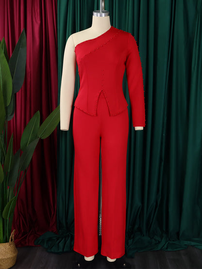 Women's Fashion Temperament Diagonal Shoulder Beaded Ol Two-piece Set