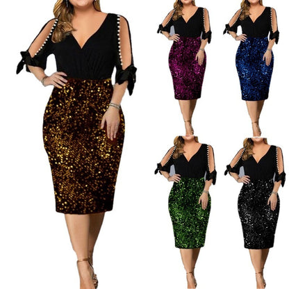 New V-neck Personality Sequins Plus Size Women's Dress