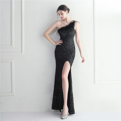 Ostrich Feather Off-shoulder Collar Sequined Dress Long Evening Gown