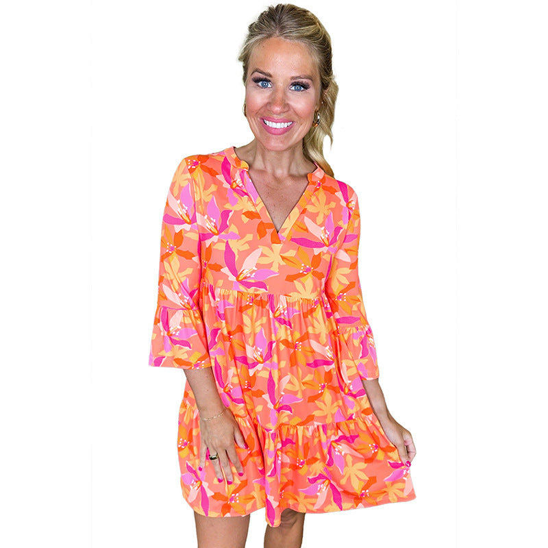 Pullover V-neck Short Sleeve Dress Women