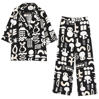 European And American Style Fashion Casual Watercolor Pattern Coat Straight-leg Pants