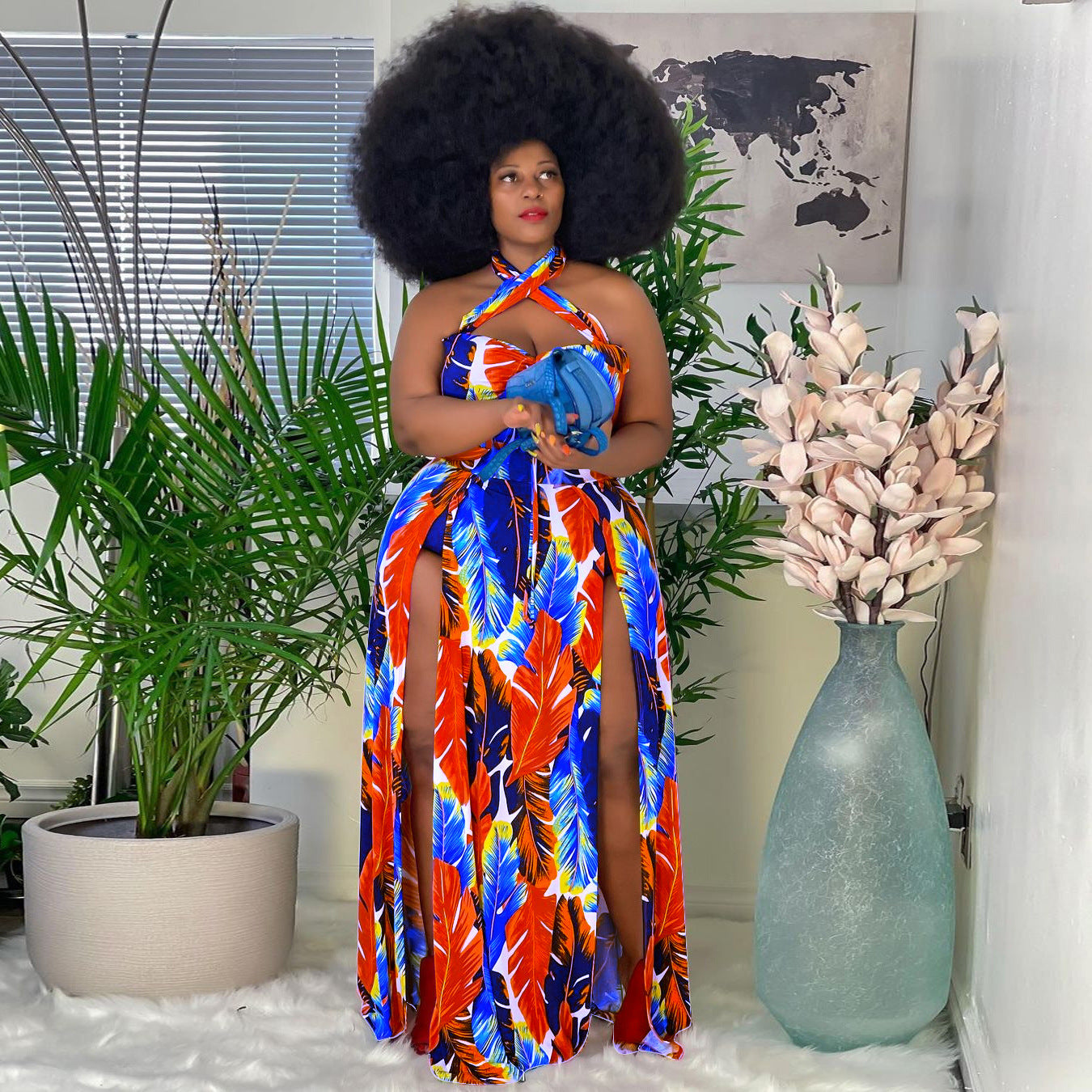 Ladies Fashion Print Halter Slit Dress