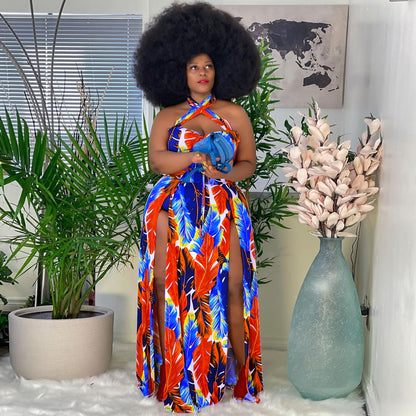 Ladies Fashion Print Halter Slit Dress