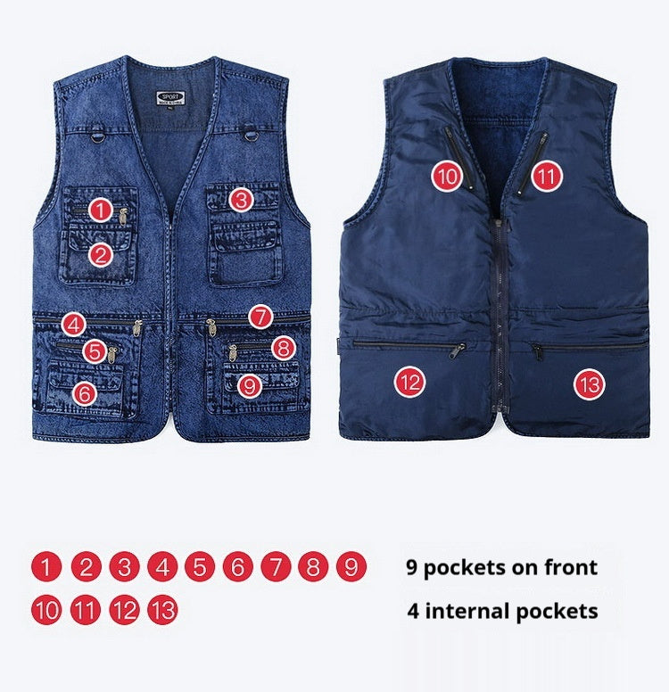Denim Waistcoat Multi-pocket Men's Fishing Waistcoat Mountaineering Photographical Vest