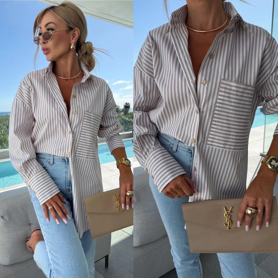 Fashion Casual Button Striped Printed Long Sleeves Shirt