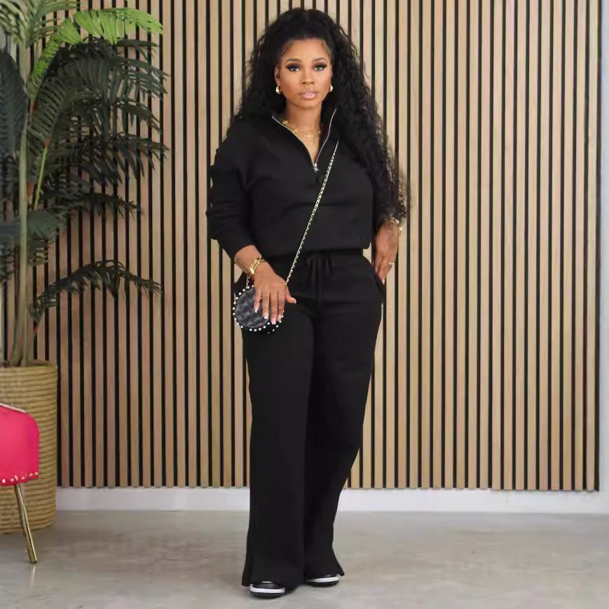 Solid Color Loose Zip Drawstring Pants Sports Two-piece Set