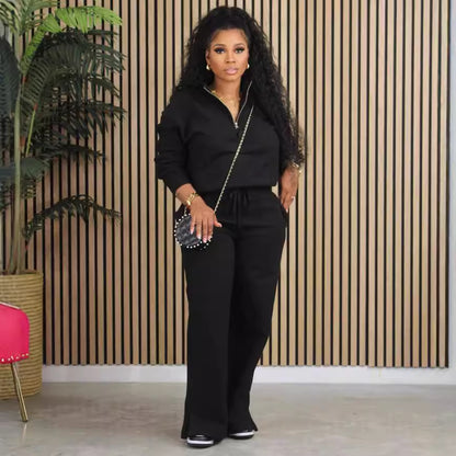 Solid Color Loose Zip Drawstring Pants Sports Two-piece Set