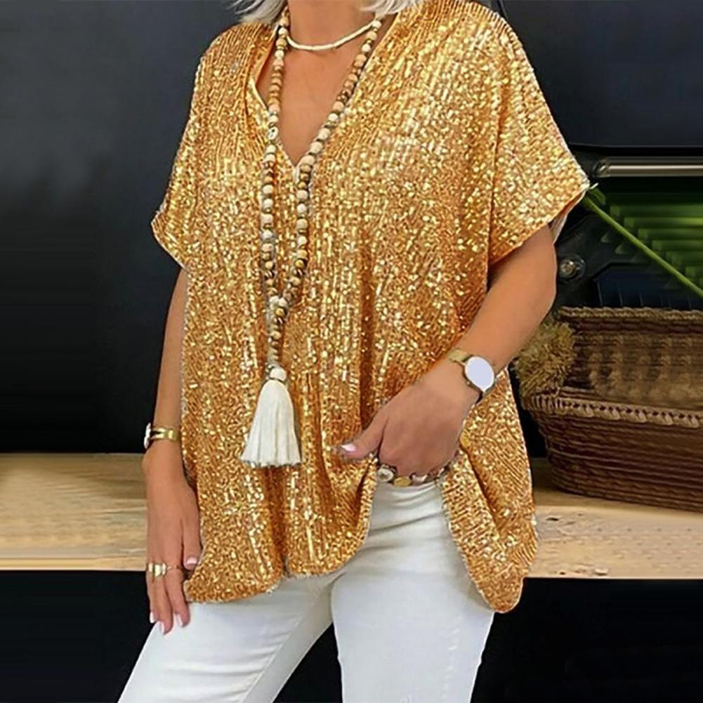 Loose Pullover Sequined V-neck T-shirt Top Women's Clothing