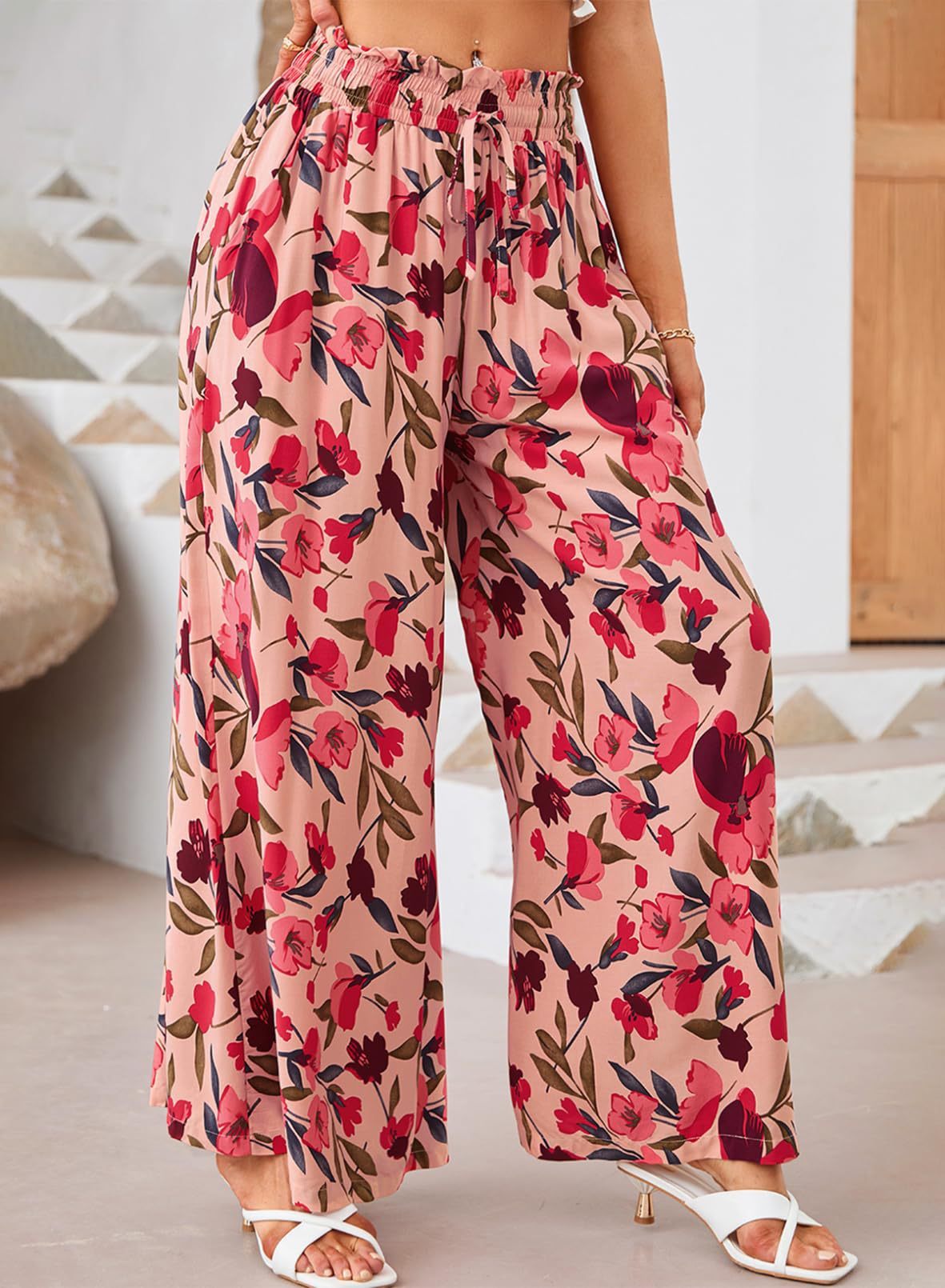 Flowers Printed Wide-leg Trousers Summer Casual Straight Pnats For Women Beach Clothing