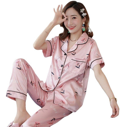 Imitated Silk Pajamas Printed Short-sleeved Trousers Home Wear Two-piece Suit