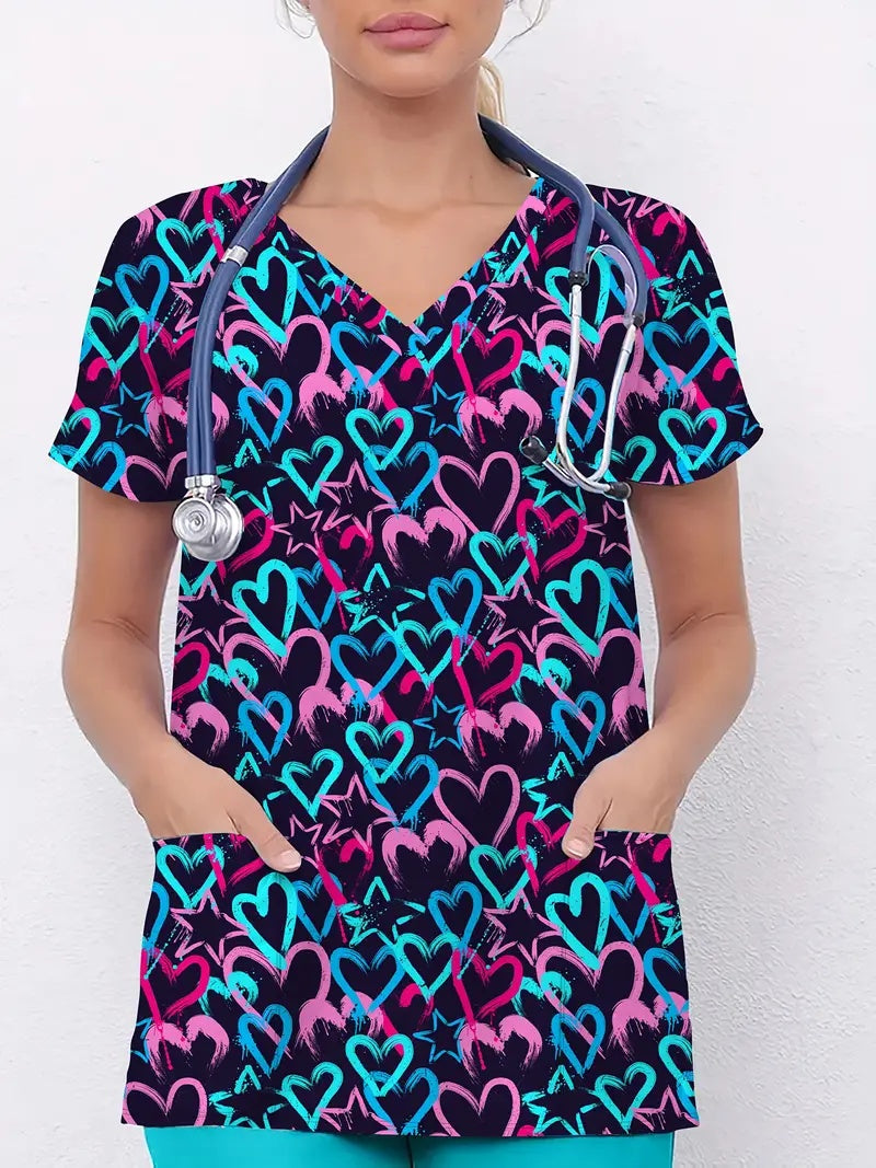 Plus Size Women's Vibrant Print Scrub Top Casual V-Neck Short Sleeve