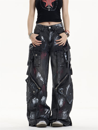 Multi-Pocket Workwear Jeans Women's Loose Wide-leg Pants