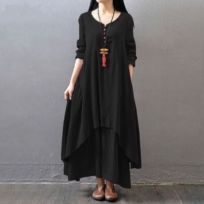 Loose Long Sleeve Cotton And Linen Skirt