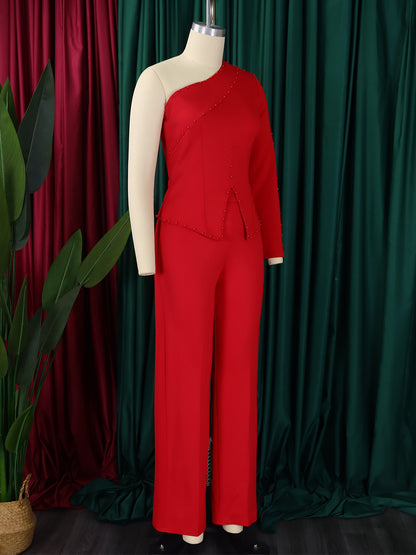 Women's Fashion Temperament Diagonal Shoulder Beaded Ol Two-piece Set