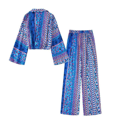 Satin Texture Pleated Loose Printed Shirt Wide Leg Pants Women