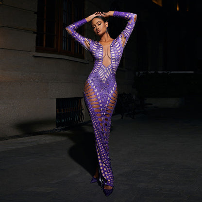 Hole Skinny Sheath Dress Rhinestone Printed Long Skirt