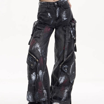 Multi-Pocket Workwear Jeans Women's Loose Wide-leg Pants