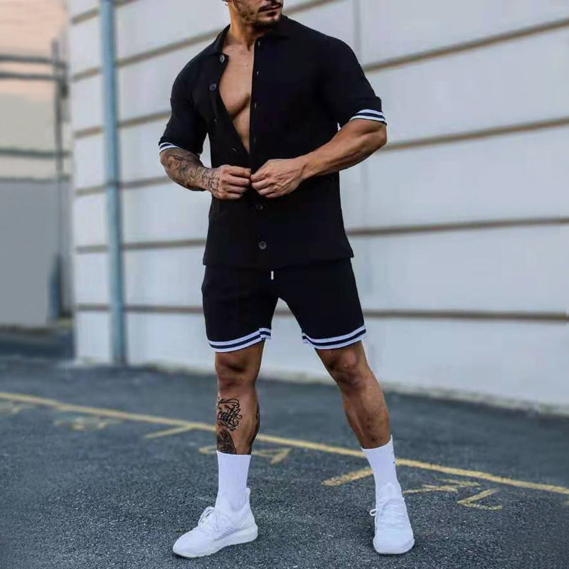 Men's Exercise New Solid Color Lapel Button Short-sleeved Shirt And Shorts Suit