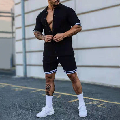Men's Exercise New Solid Color Lapel Button Short-sleeved Shirt And Shorts Suit