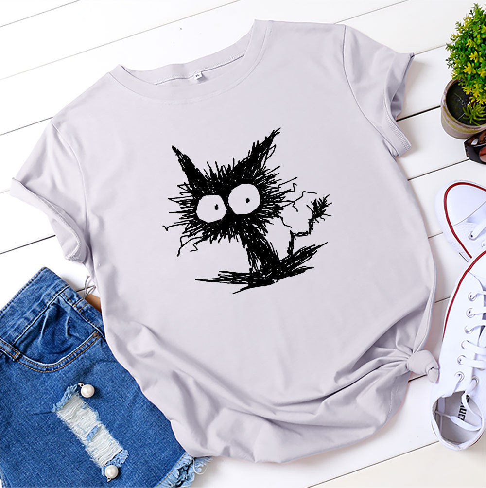 Spot Amazon Ebay European And American Fashion Cross-border Hot Sale Cat Printing Casual Cotton Short Sleeve T-shirt Women's Clothing