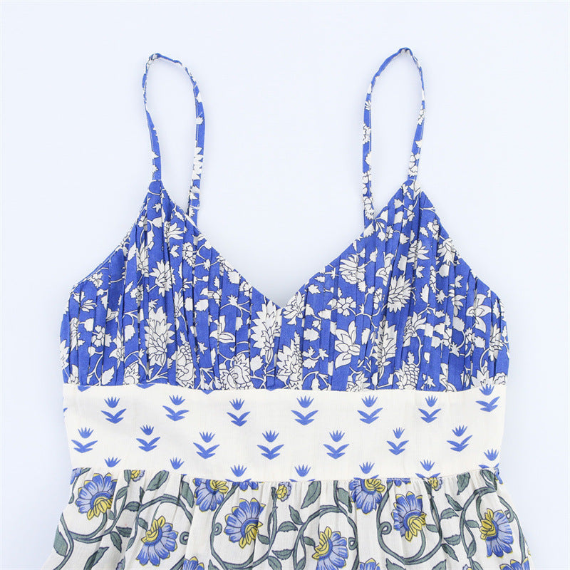 Summer Bow Patchwork Printed Layered Splicing Sling Dress