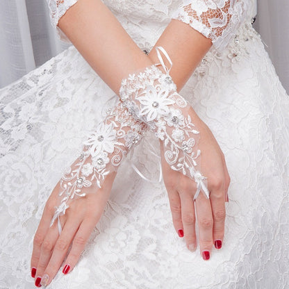 Lace Short Diamond Decorations White Hook Gloves